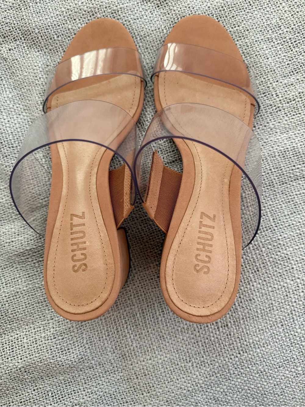 New SCHUTZ Clear-Strap Slide Sandals with Tan Footbed